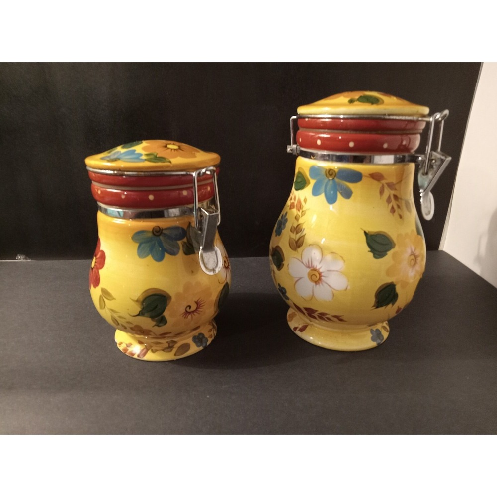 Oneida Sunset Bouquet Ceramic Canister Set 2pc Floral Yellow Kitchen Storage